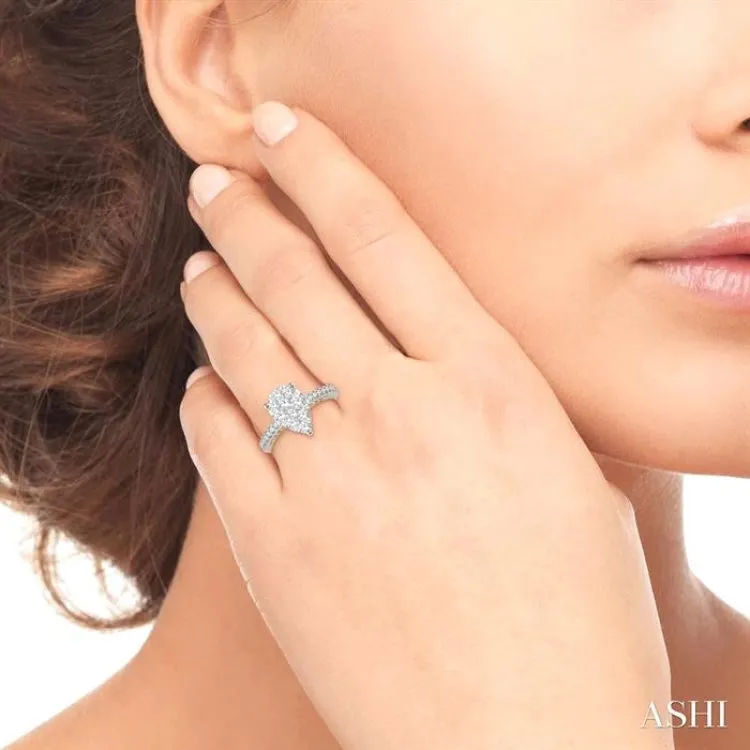 1 1/10 ctw Round Diamond Lovebright Pear Shape Vintage-Inspired Engagement Ring in 14K White and Yellow Gold