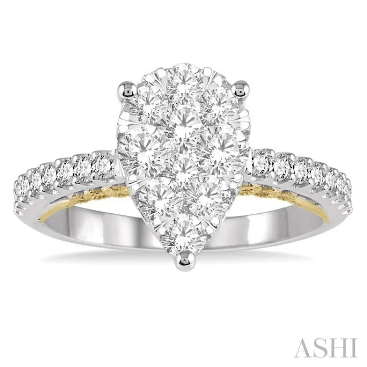 1 1/10 ctw Round Diamond Lovebright Pear Shape Vintage-Inspired Engagement Ring in 14K White and Yellow Gold