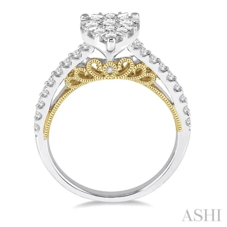 1 1/10 ctw Round Diamond Lovebright Pear Shape Vintage-Inspired Engagement Ring in 14K White and Yellow Gold