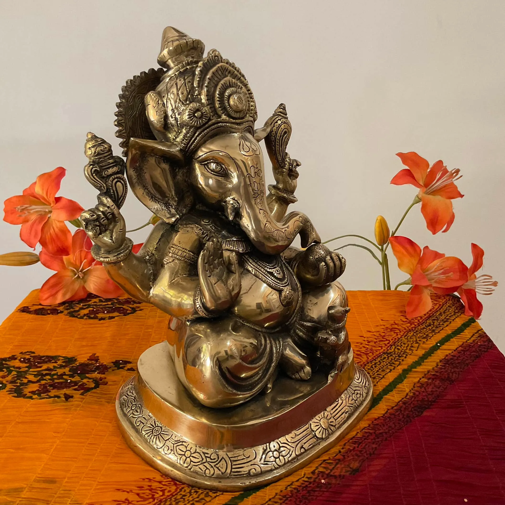 14 Inch Lord Ganesh Brass Idol - Ganpati Decorative Statue for Home Decor