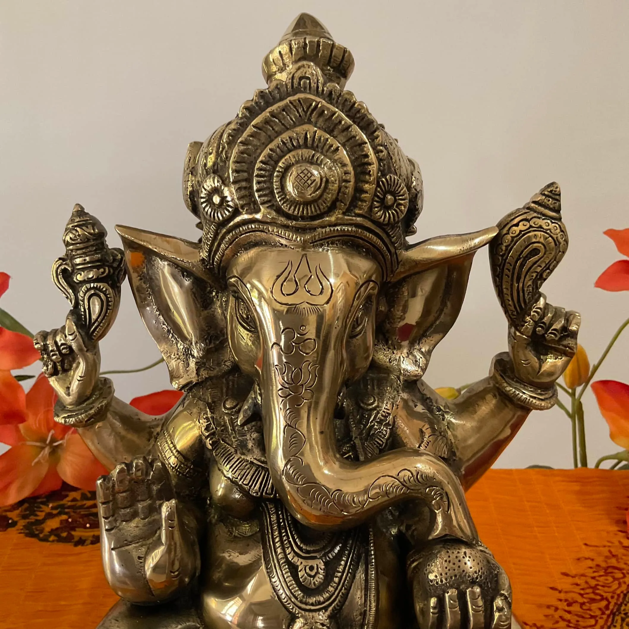 14 Inch Lord Ganesh Brass Idol - Ganpati Decorative Statue for Home Decor