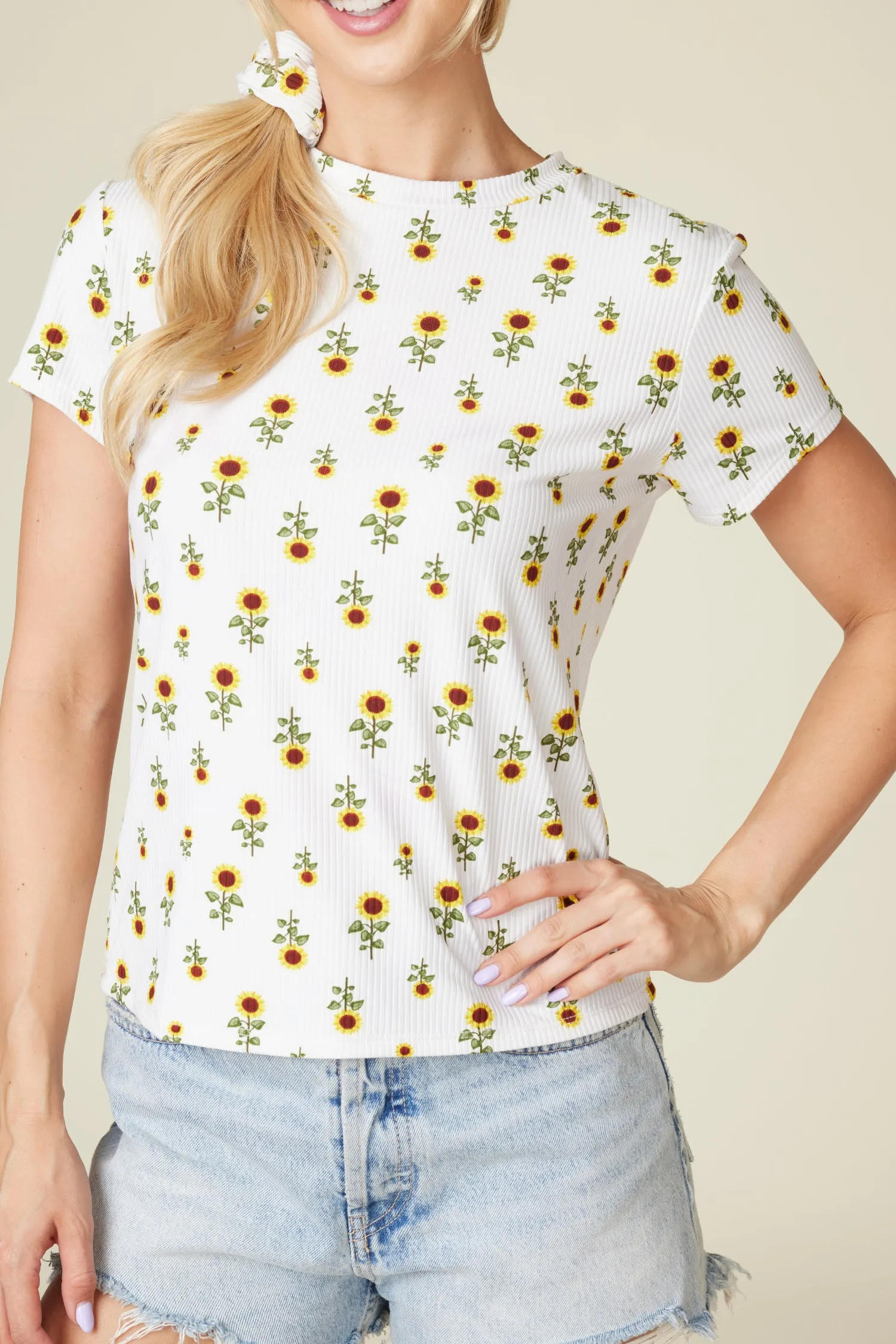 2 Pack Rib Knit Tops with Matching Hair Scrunchie - Sunflowers   Solid Black