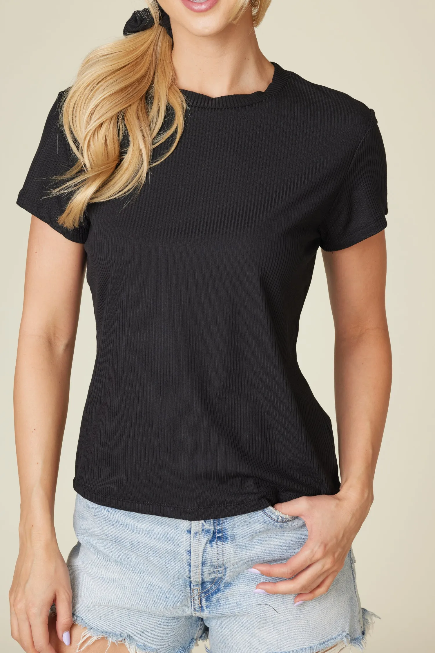 2 Pack Rib Knit Tops with Matching Hair Scrunchie - Sunflowers   Solid Black