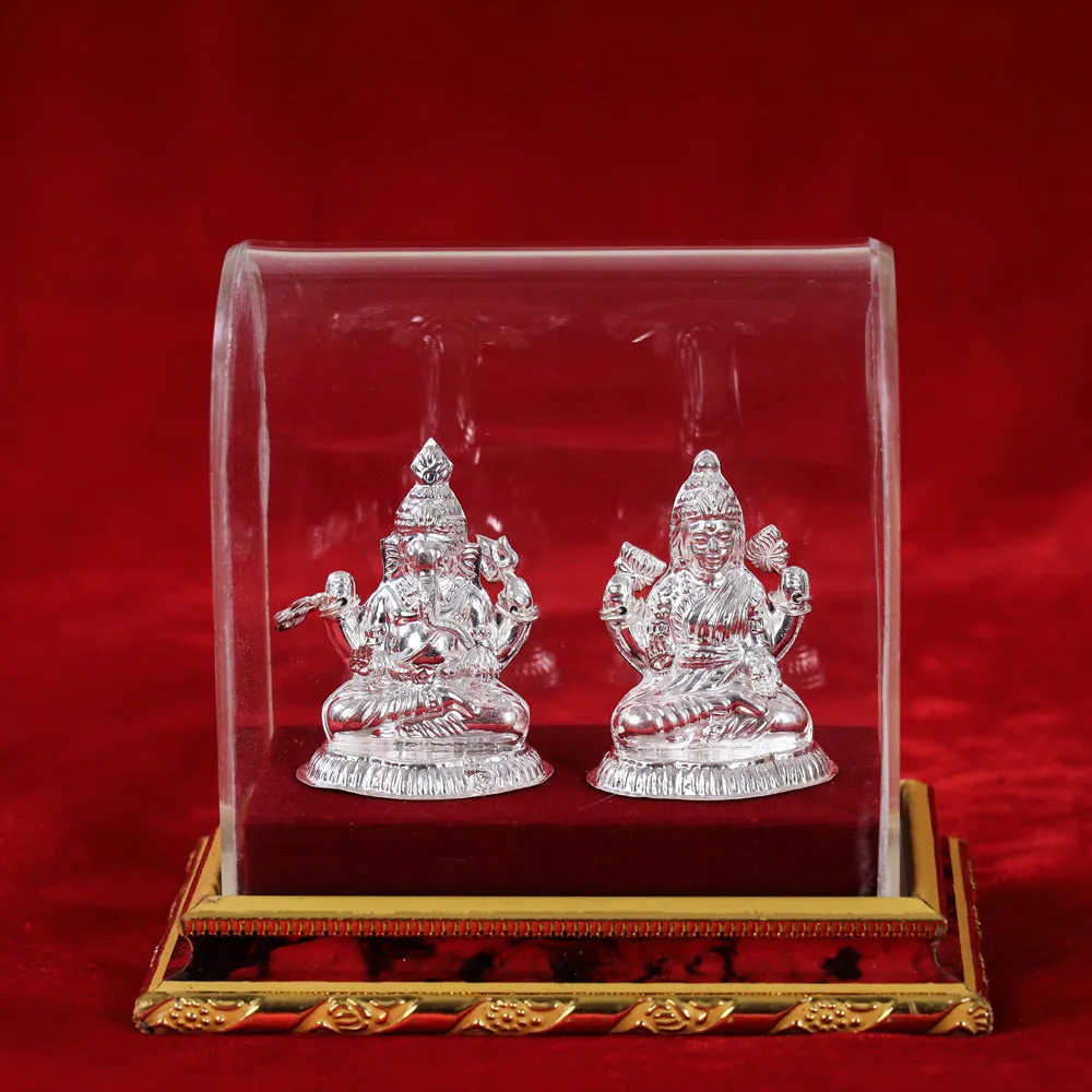(2.5 in) Silver Lakshmi and Ganesh Idol (Medium) (50 Grams)