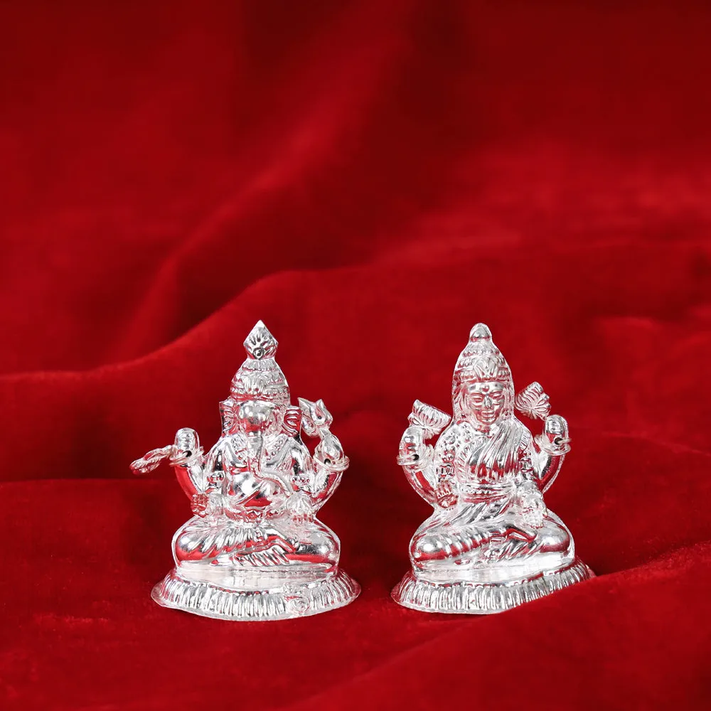 (2.5 in) Silver Lakshmi and Ganesh Idol (Medium) (50 Grams)