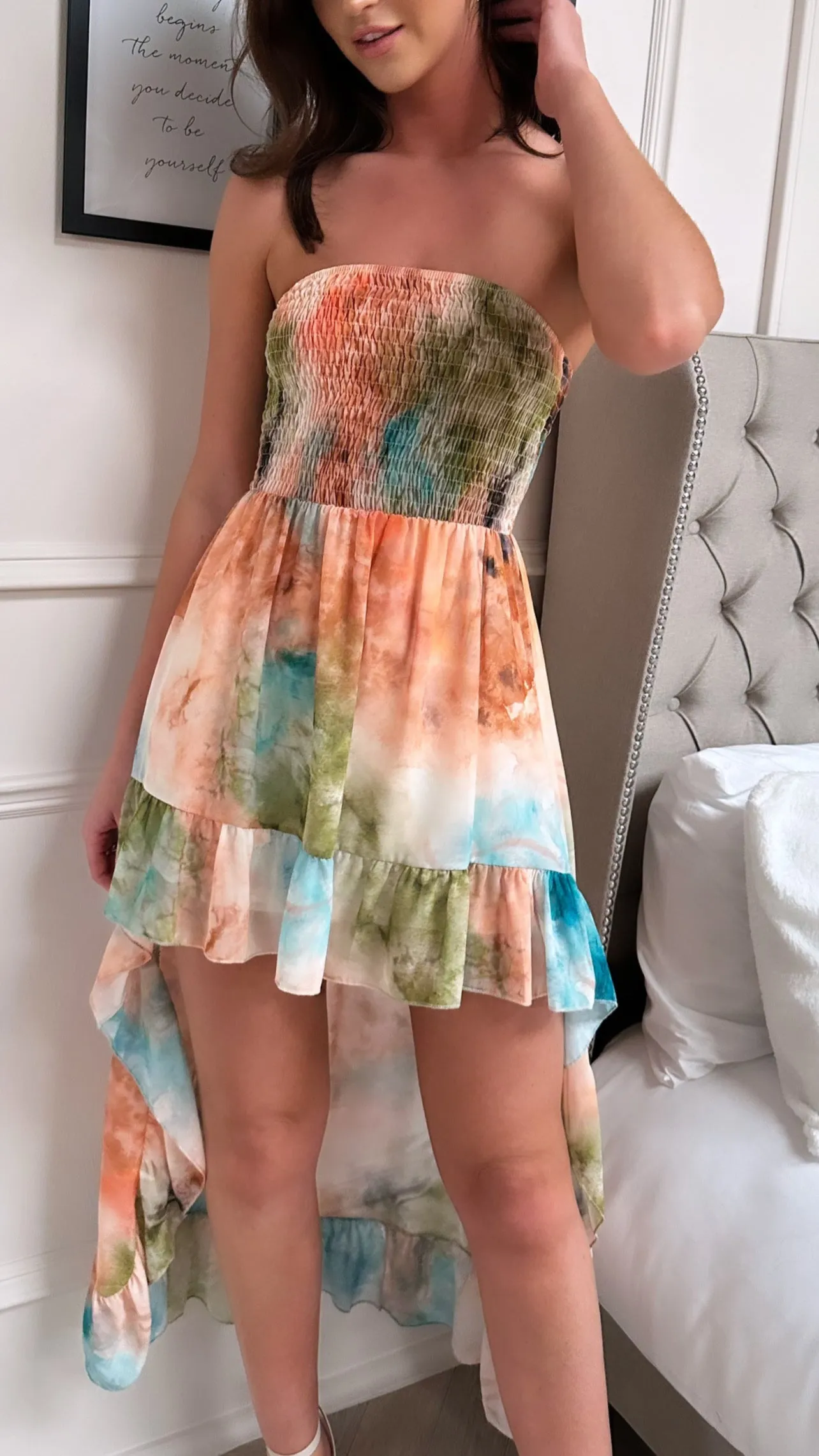 Abriella Orange Printed Strapless Midaxi Dress