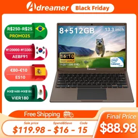 Adreamer LeoBook 13 Laptops Office School Notebooks Windows 10 Netbook 13" Intel Celeron N4020 8G 1T SSD WiFi PC for Student