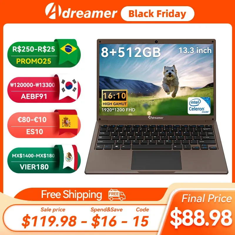 Adreamer LeoBook 13 Laptops Office School Notebooks Windows 10 Netbook 13" Intel Celeron N4020 8G 1T SSD WiFi PC for Student