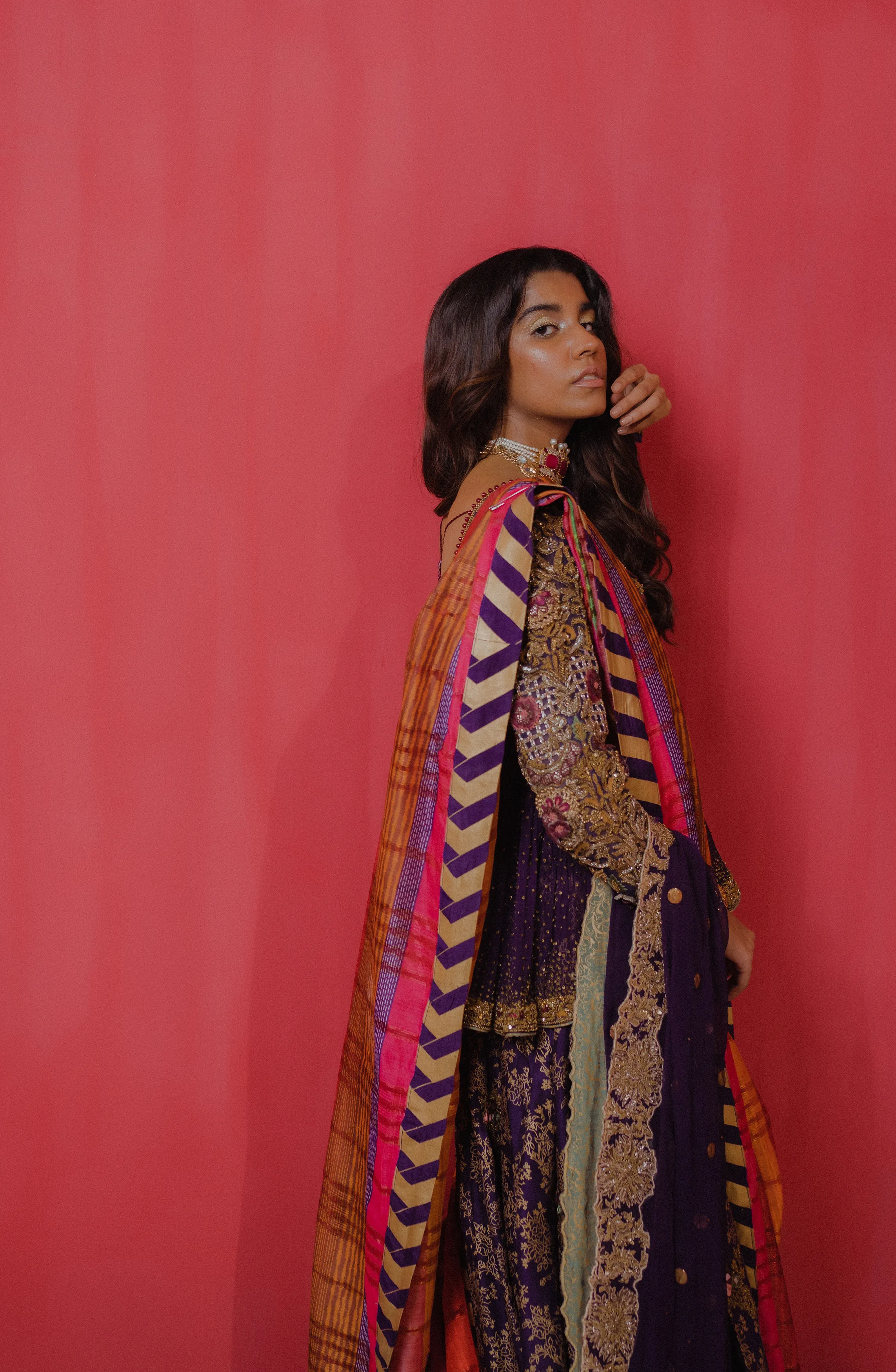 Amethyst Jazz - A Multilayered Lehenga Saree with Peplum Top & Palazzo Pants