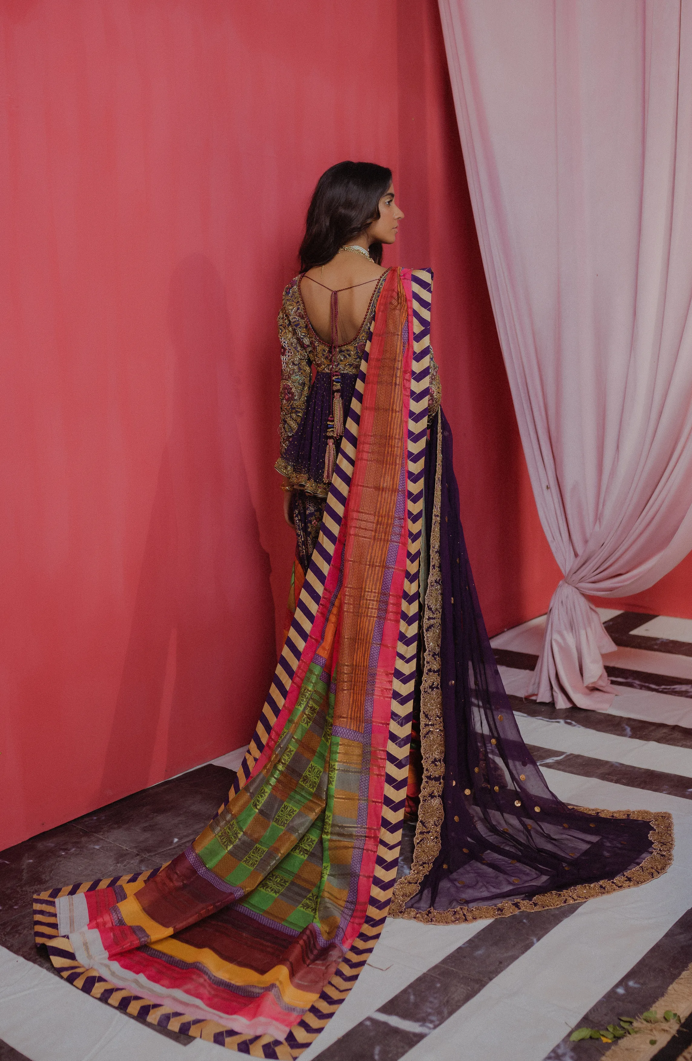 Amethyst Jazz - A Multilayered Lehenga Saree with Peplum Top & Palazzo Pants