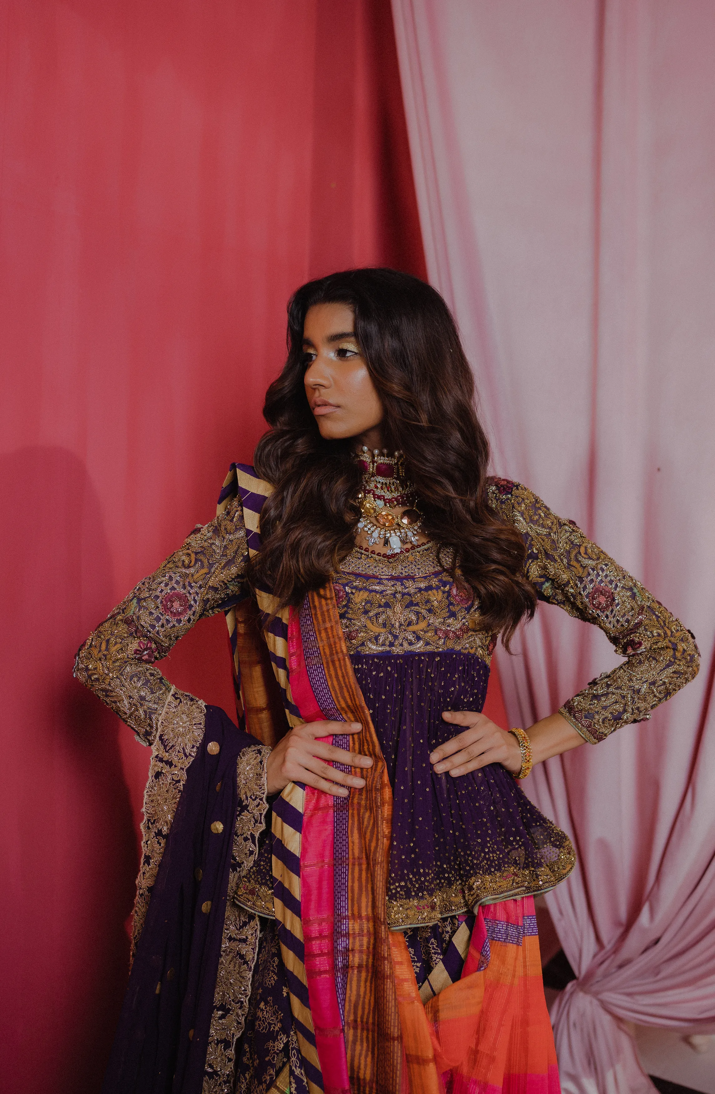 Amethyst Jazz - A Multilayered Lehenga Saree with Peplum Top & Palazzo Pants