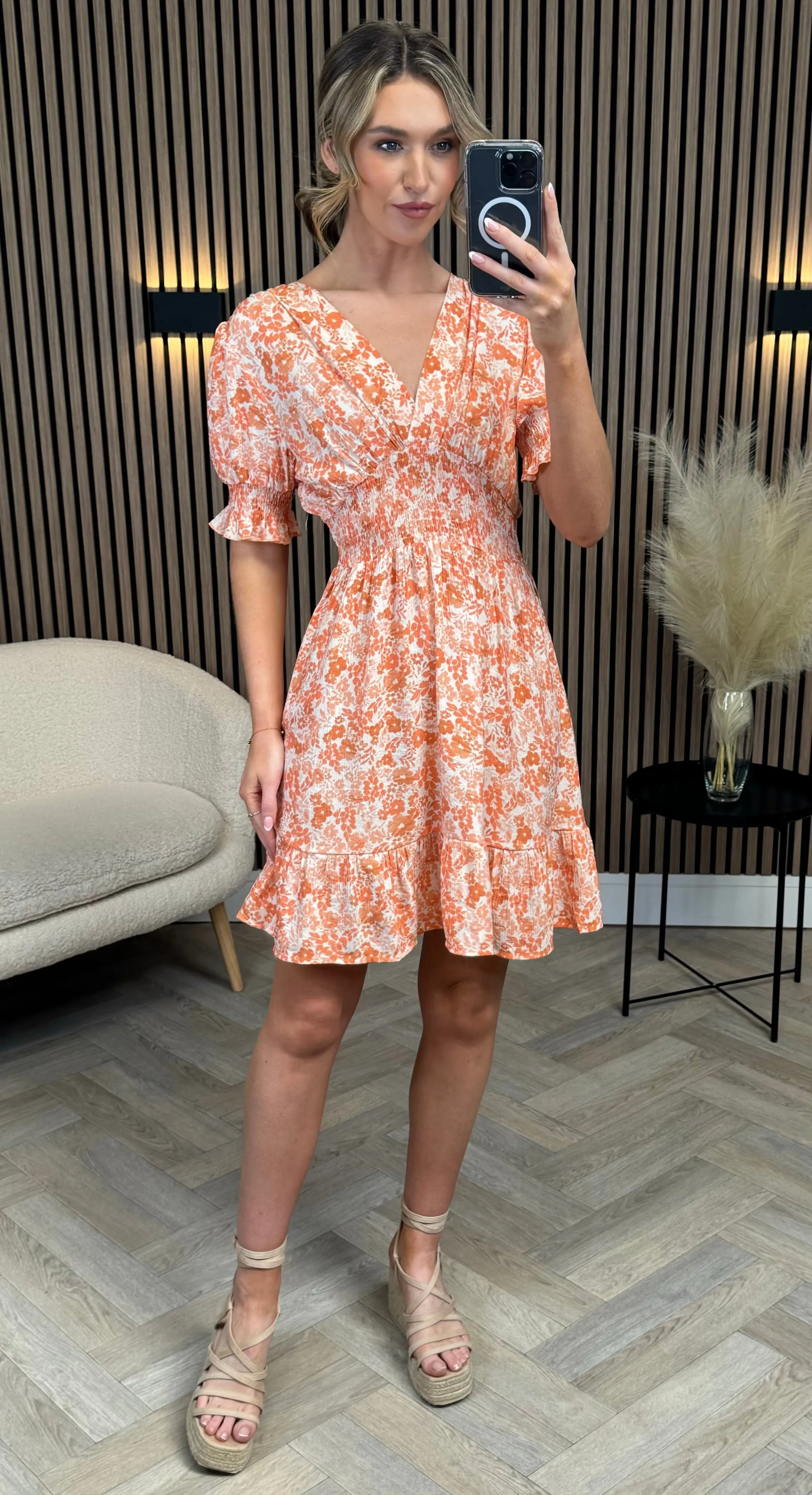 Becca Orange Floral V Neck Mini Dress