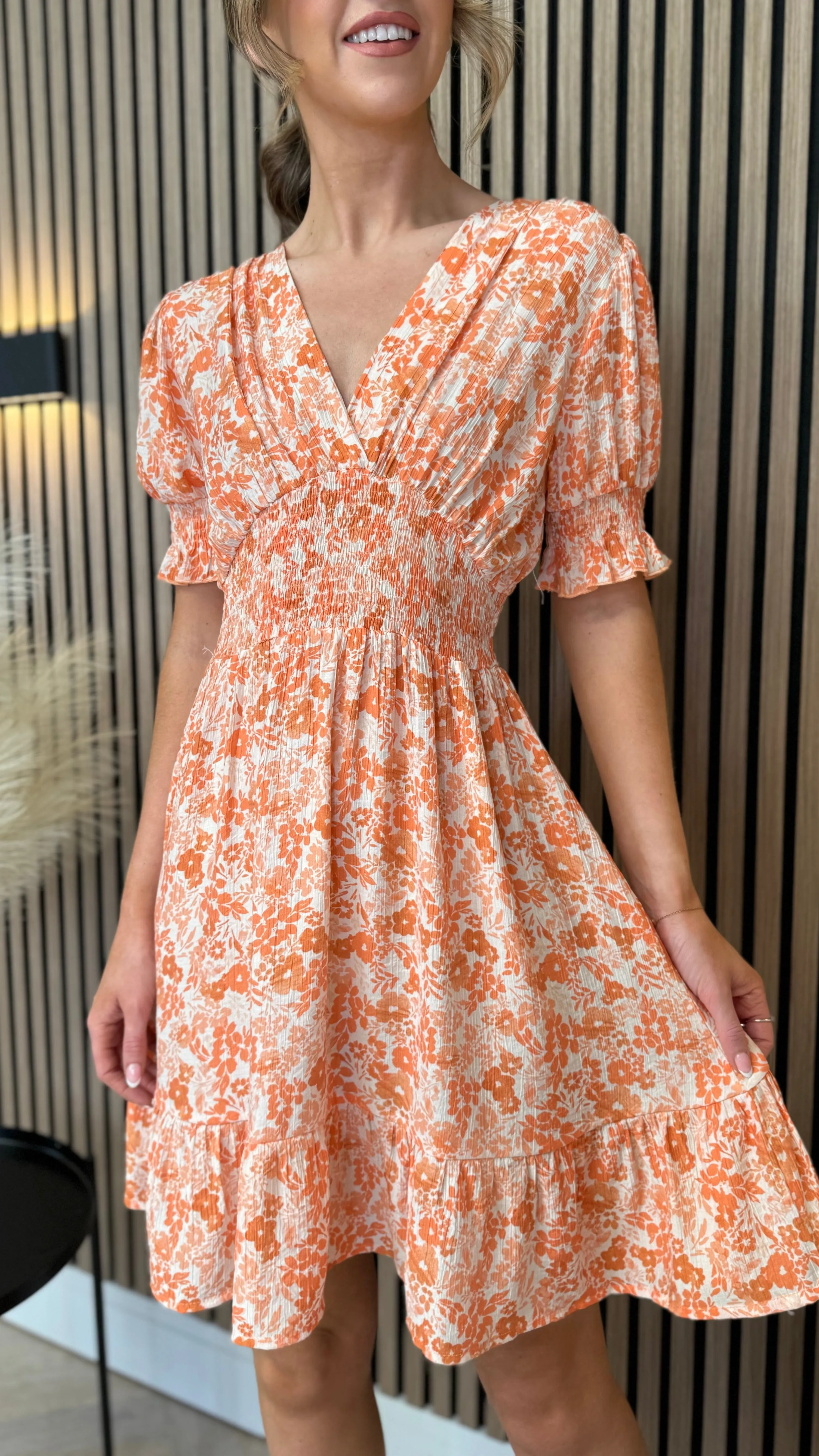 Becca Orange Floral V Neck Mini Dress