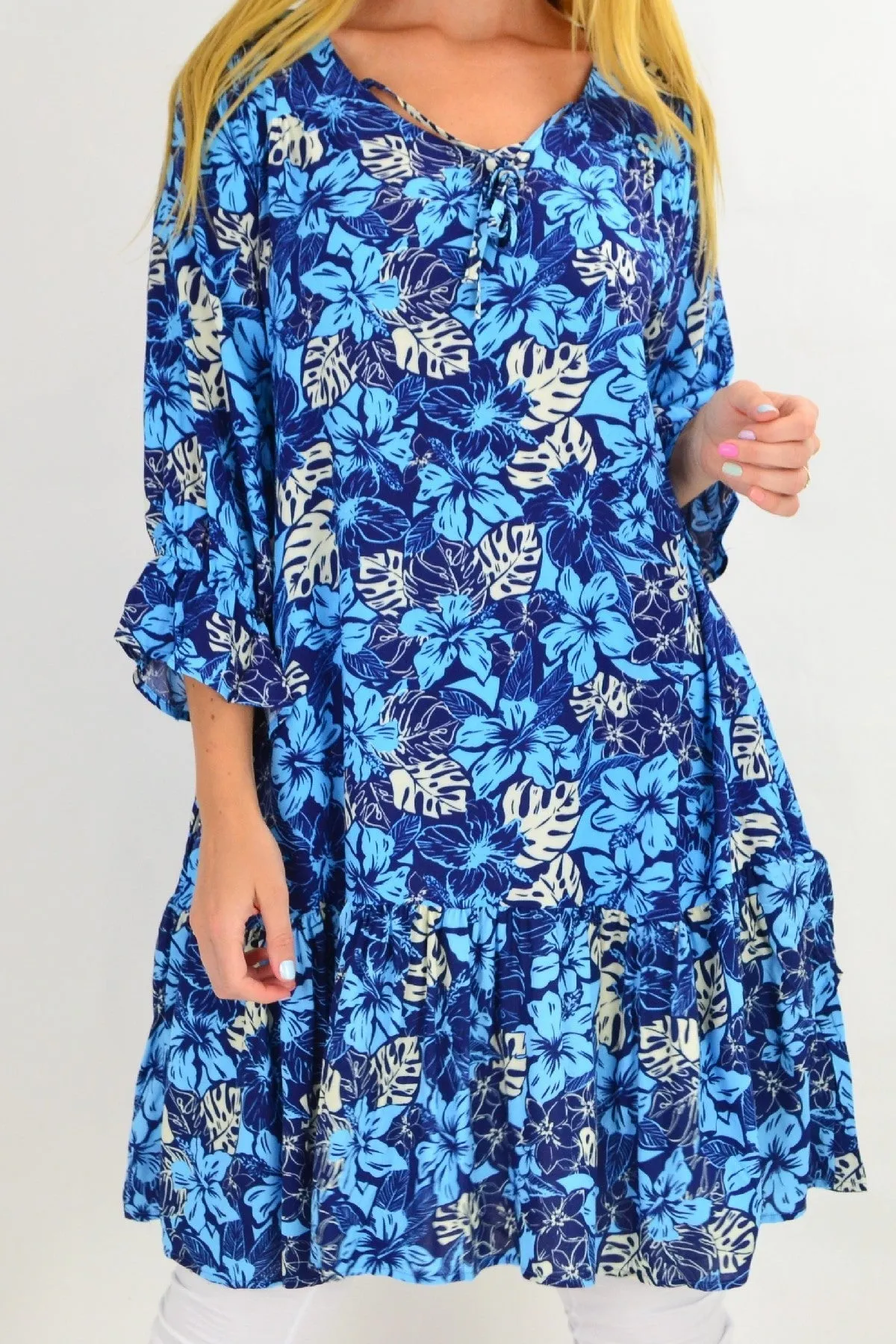 Blue Hawaiian Ruffle Sleeve Tunic Dress