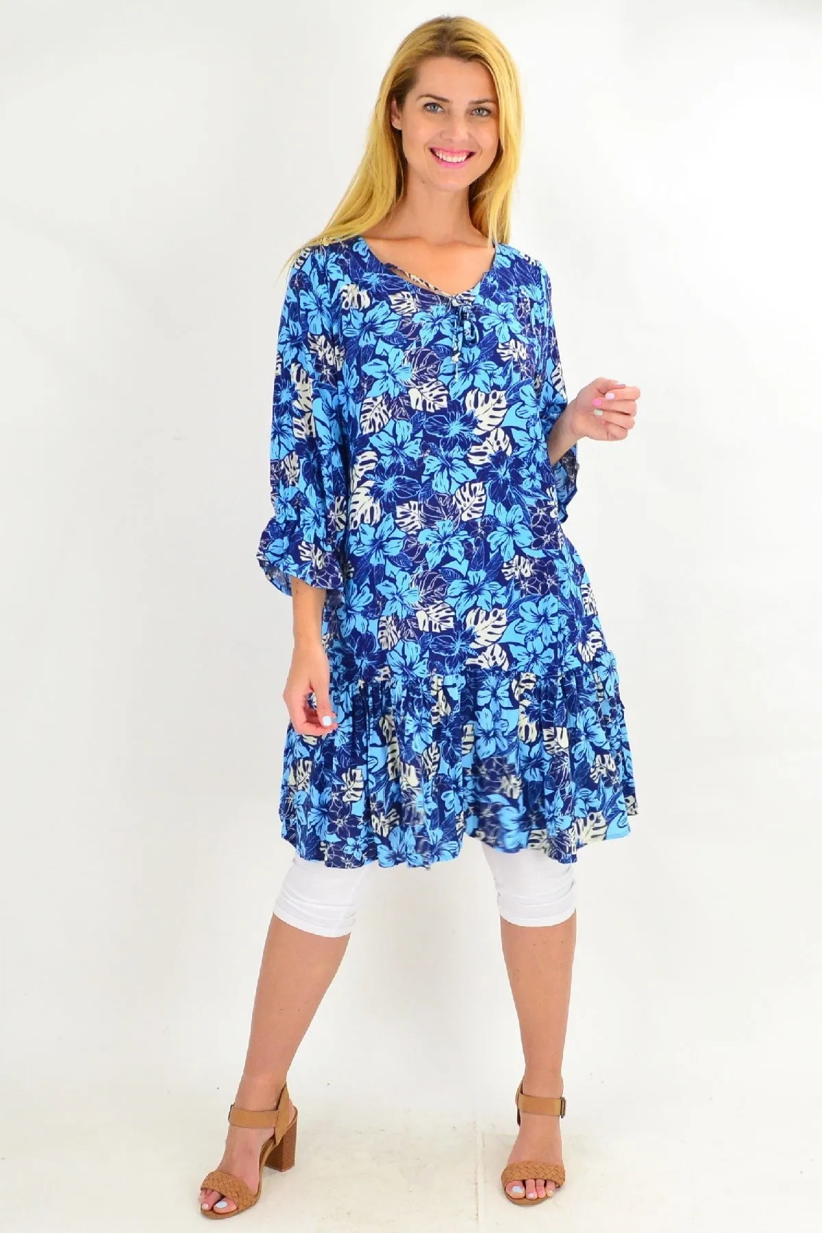 Blue Hawaiian Ruffle Sleeve Tunic Dress