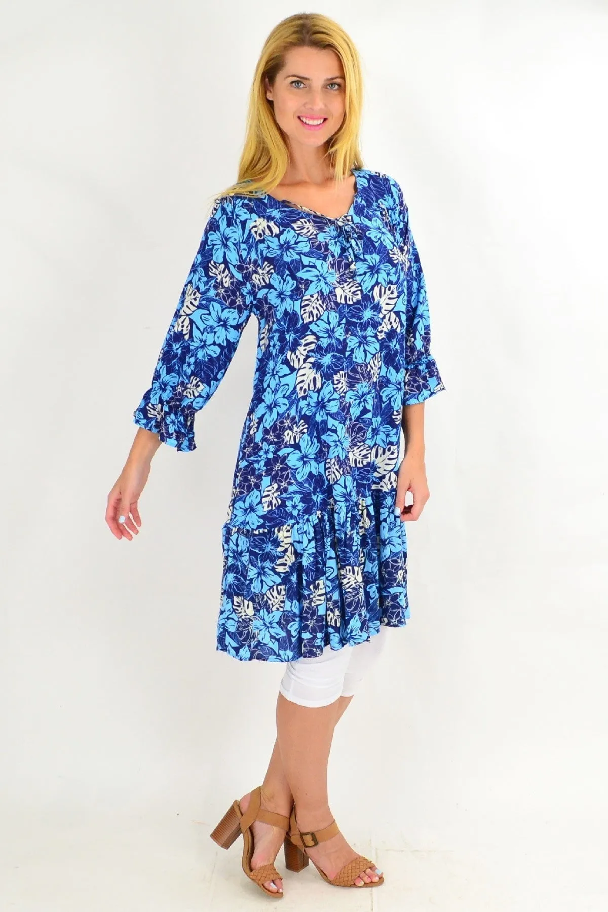 Blue Hawaiian Ruffle Sleeve Tunic Dress