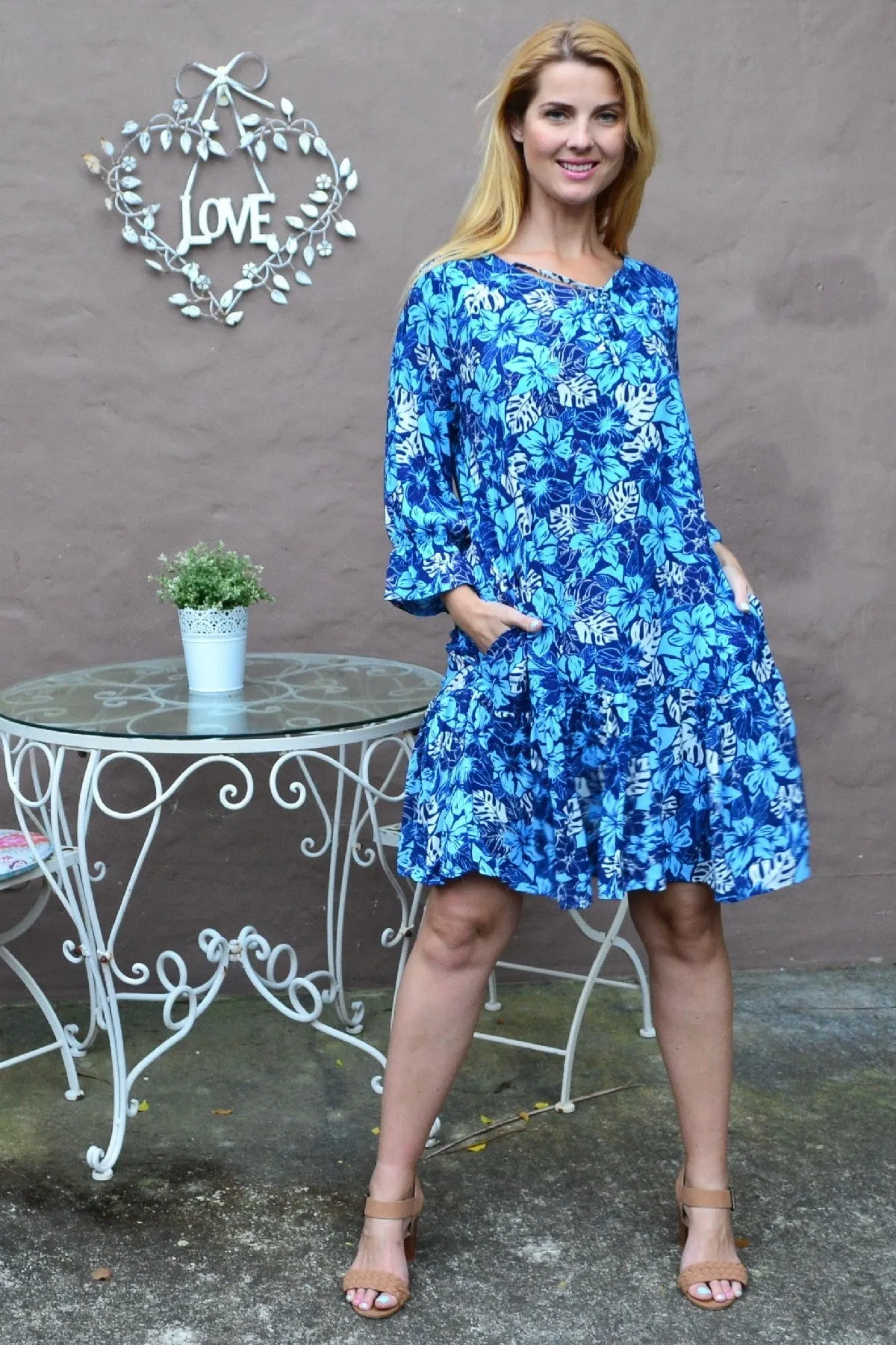 Blue Hawaiian Ruffle Sleeve Tunic Dress