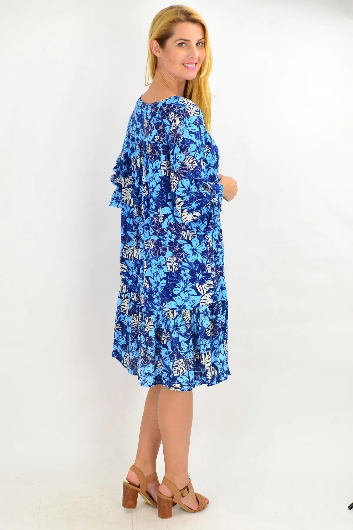 Blue Hawaiian Ruffle Sleeve Tunic Dress