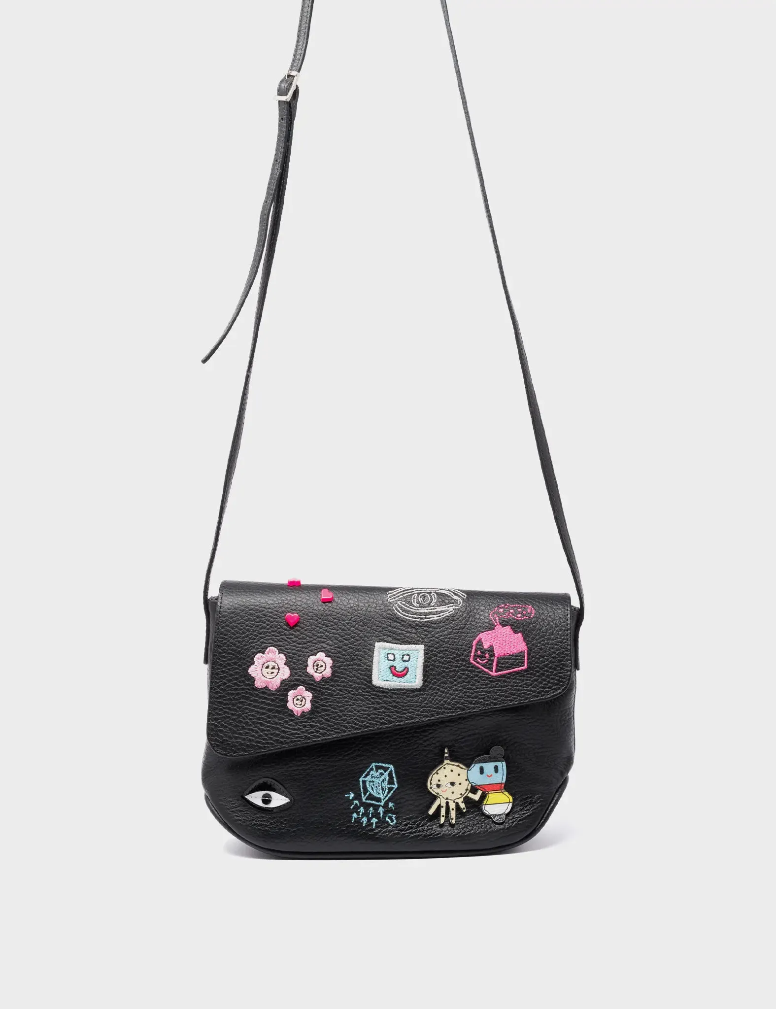 Bruno Mini Crossbody Black Leather Bag - Urban Doodles Applique