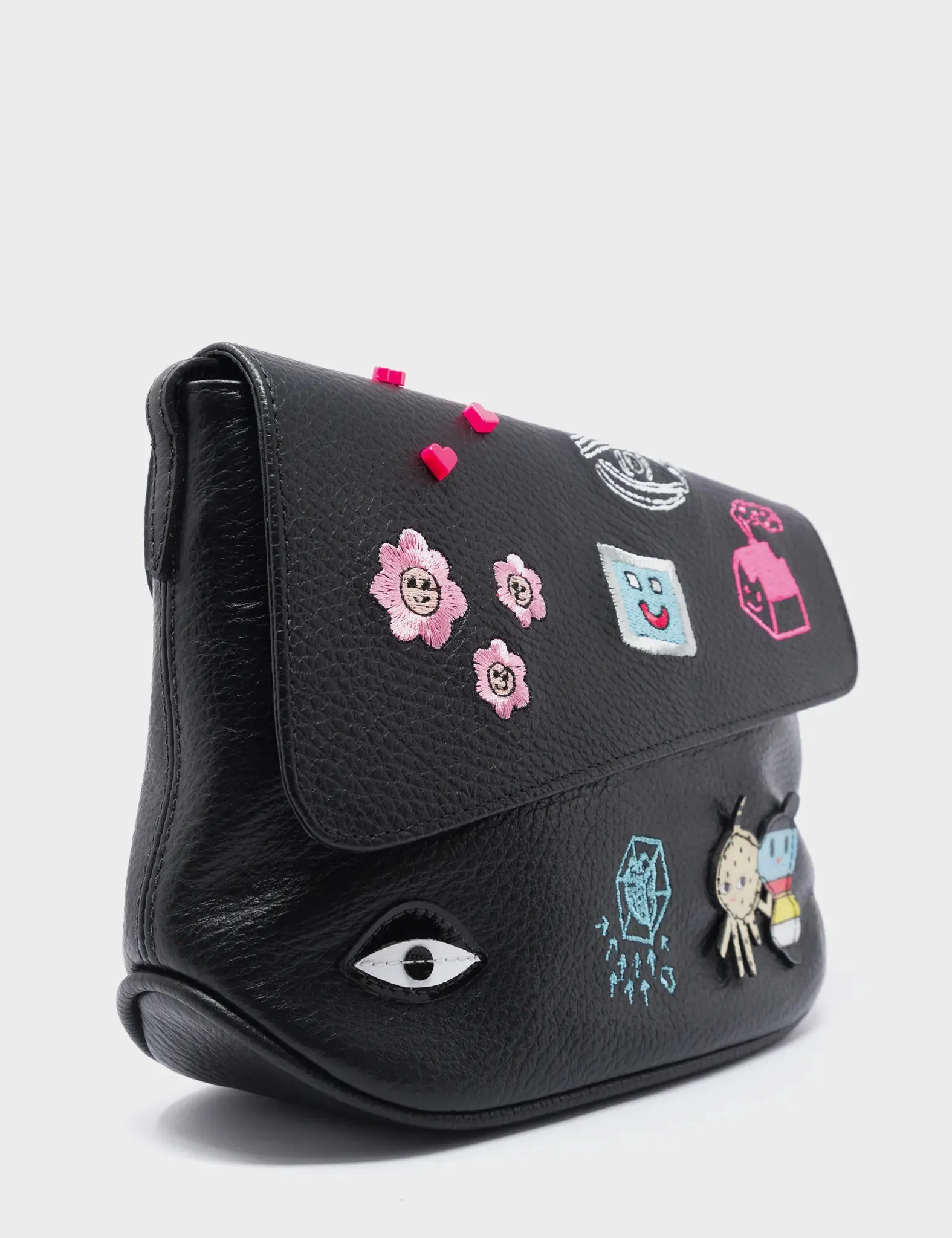 Bruno Mini Crossbody Black Leather Bag - Urban Doodles Applique