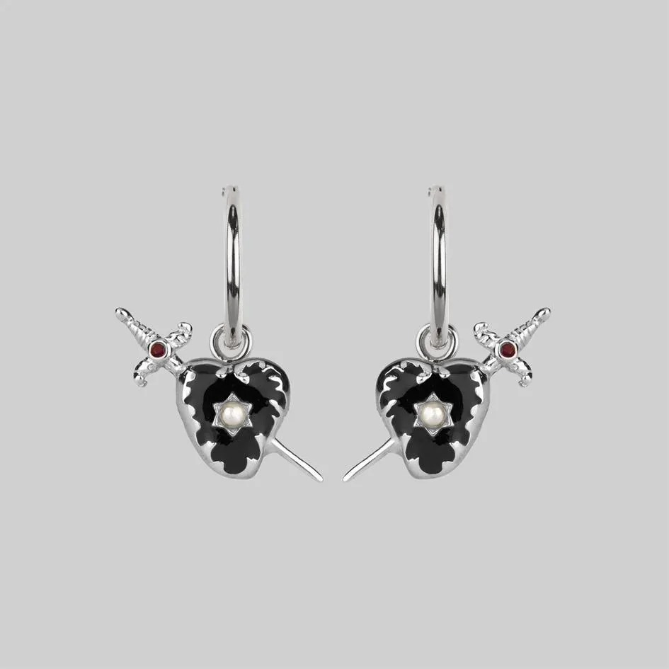 DEVOTION. Black Heart & Sword Hoop Earrings - Silver