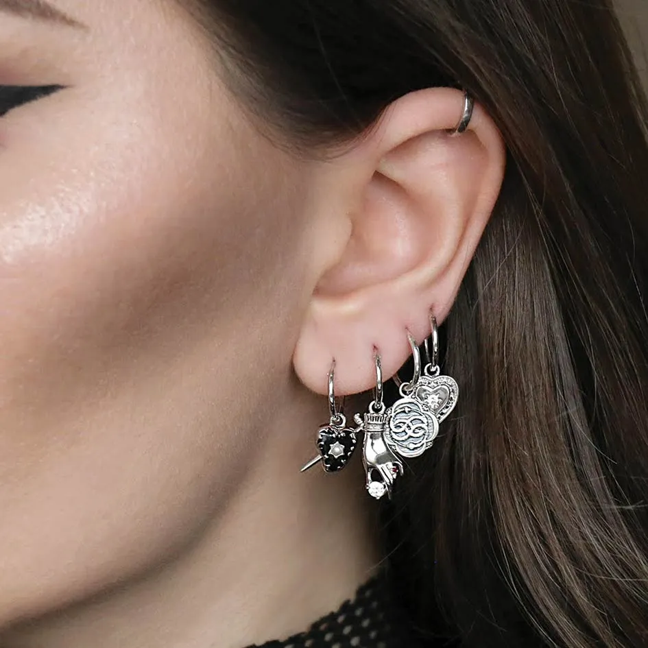 DEVOTION. Black Heart & Sword Hoop Earrings - Silver
