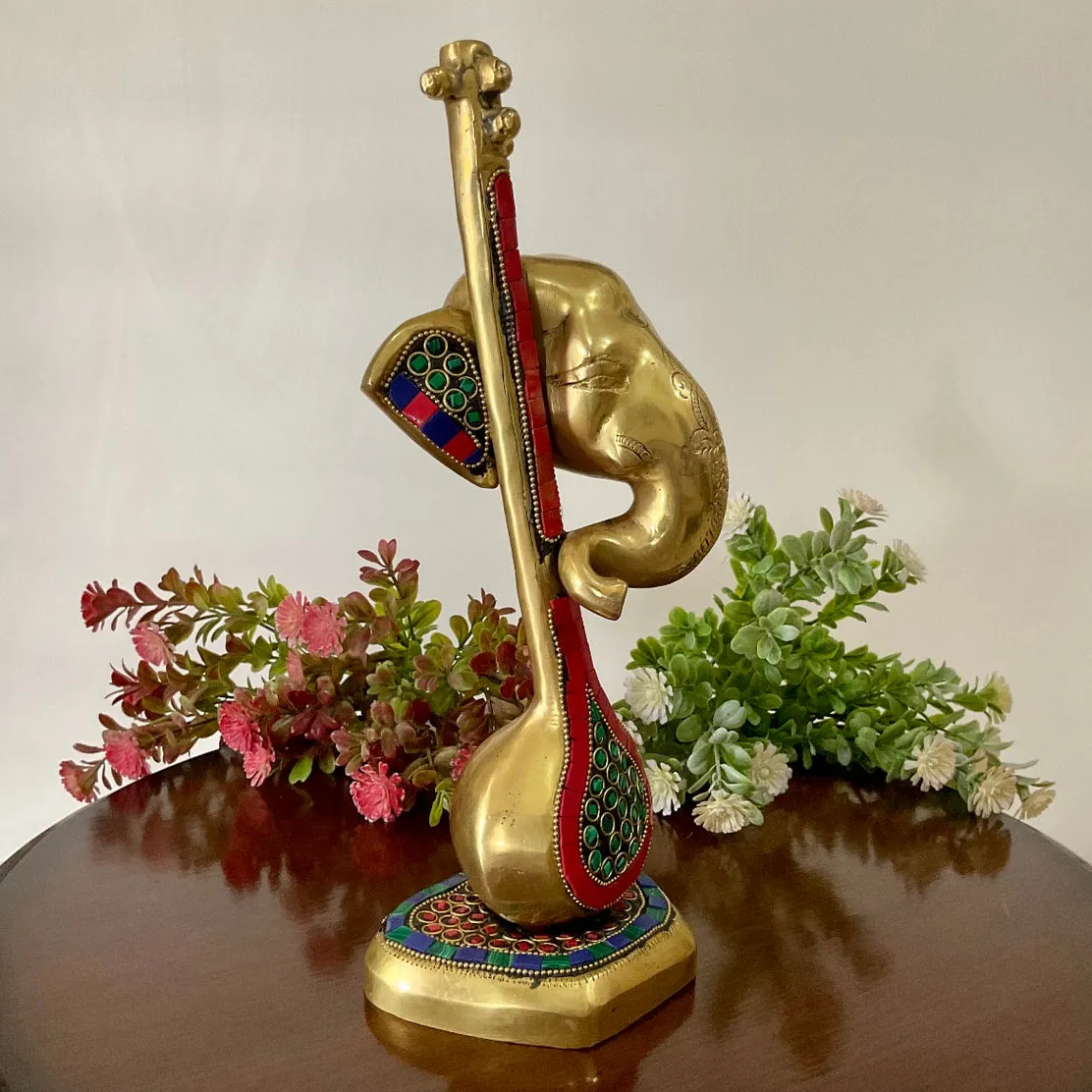 Ganesha With Veena Brass Idol - Ganpati Decorative Statue for Home Decor