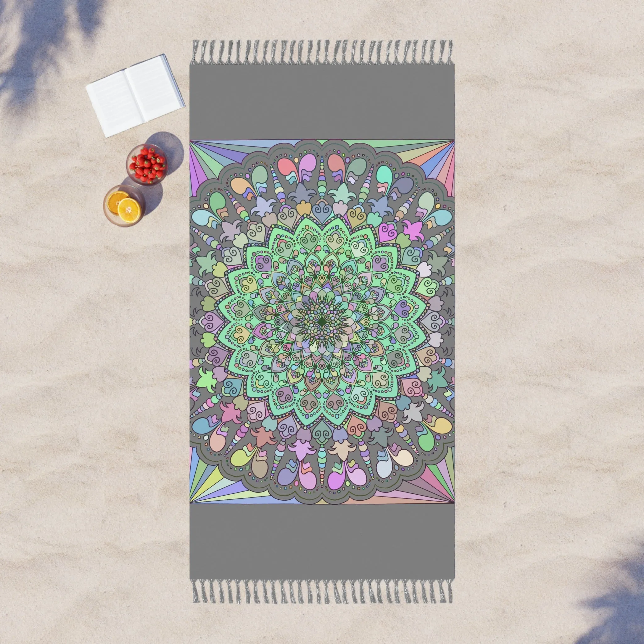 Handmade Mandala Beach Cloth - Original Art Hand-Drawn - Light Gray, Pastel Colors