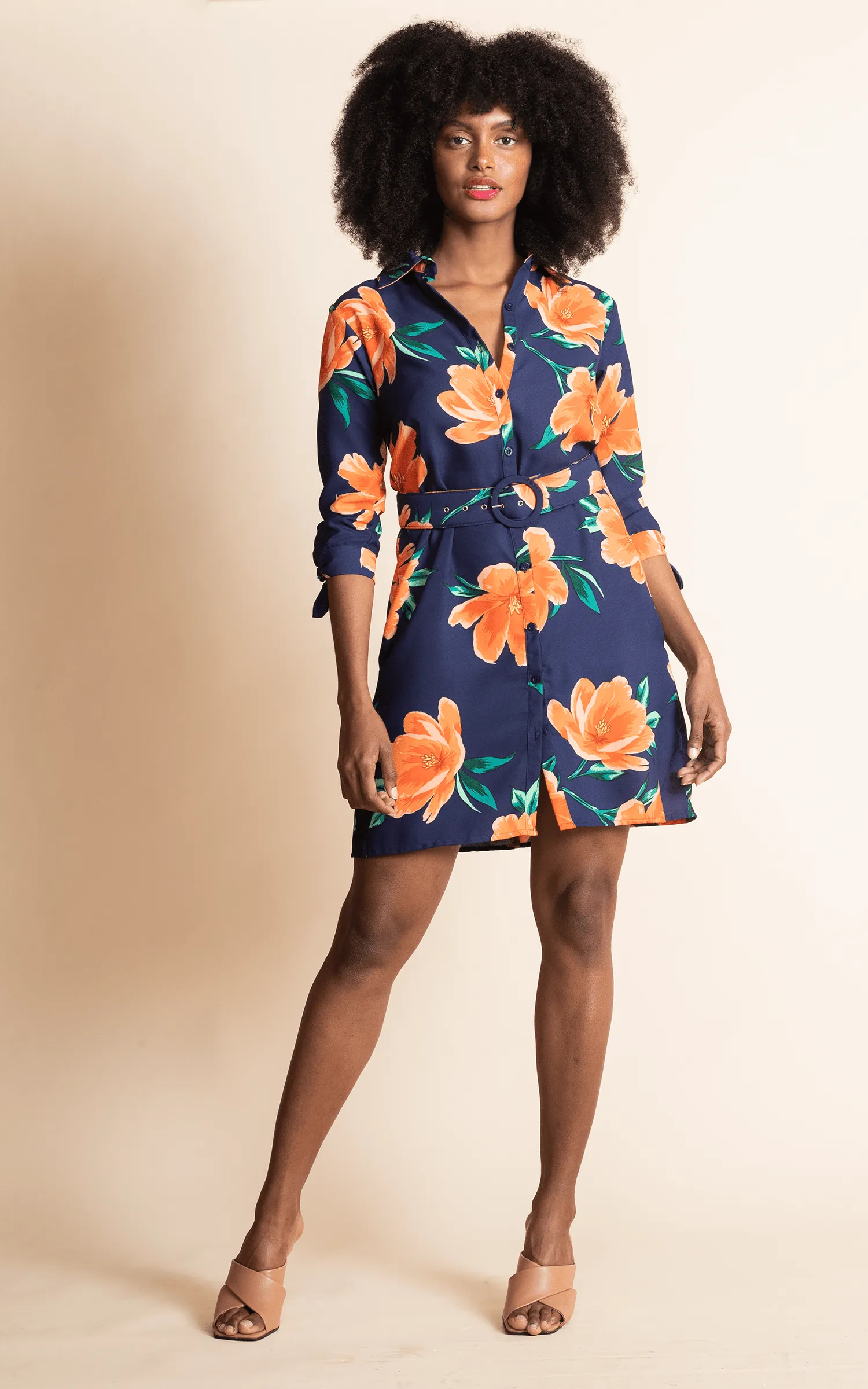 Jonah Mini Shirt Dress in Orange on Navy Tulip