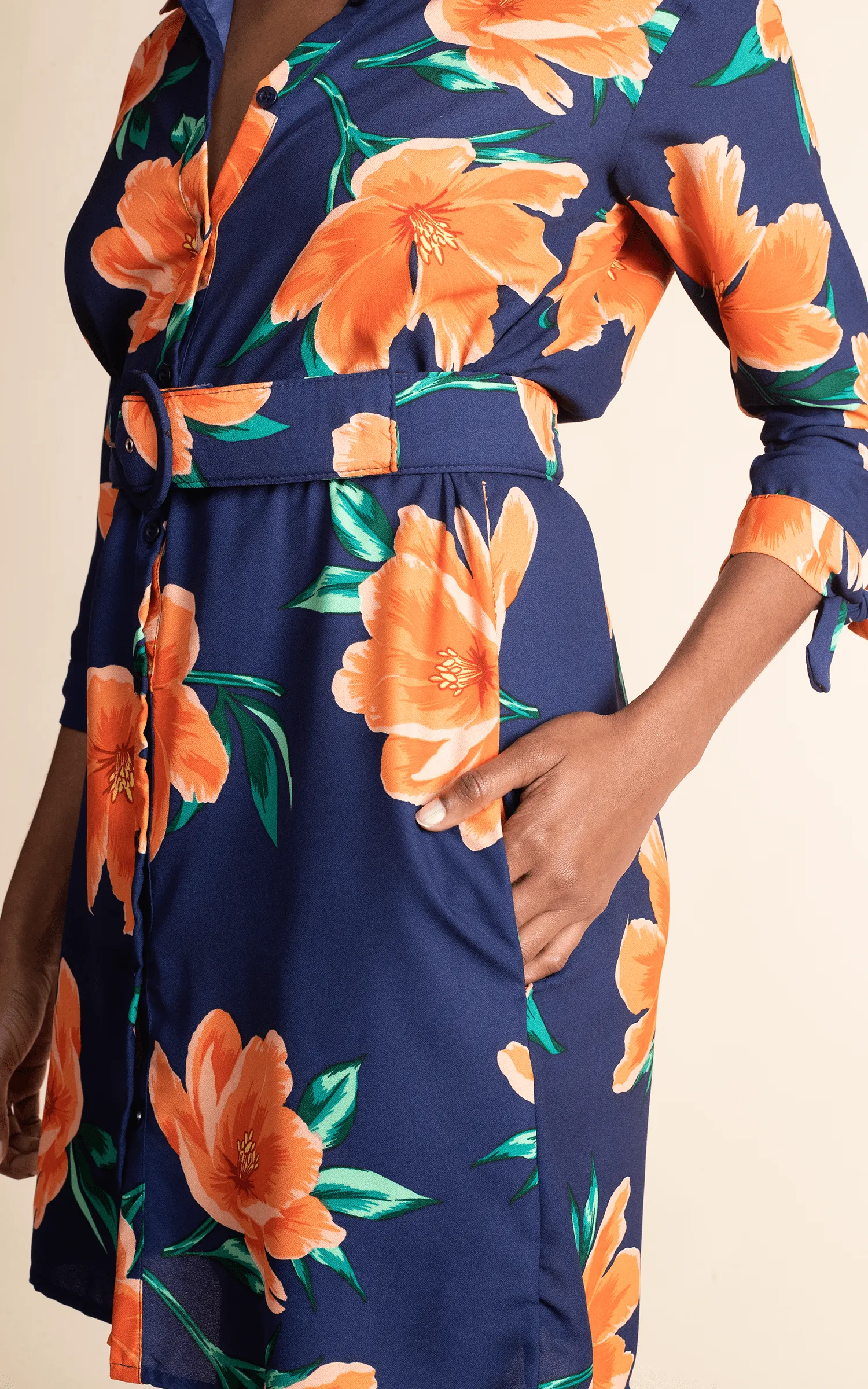 Jonah Mini Shirt Dress in Orange on Navy Tulip
