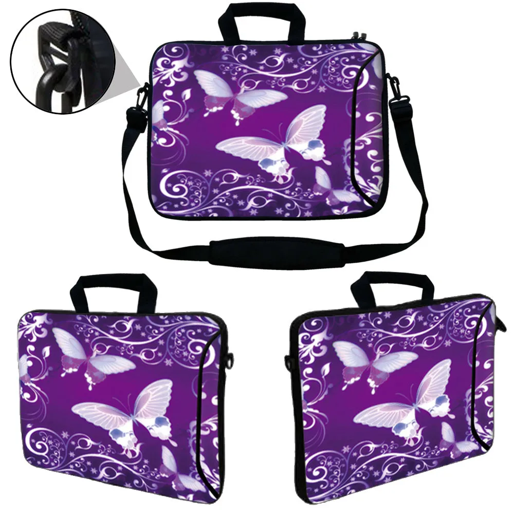 Laptop Sleeve Carrying Case w/ Removable Shoulder Strap & Skin & Mouse Pad – Purple Butterfly