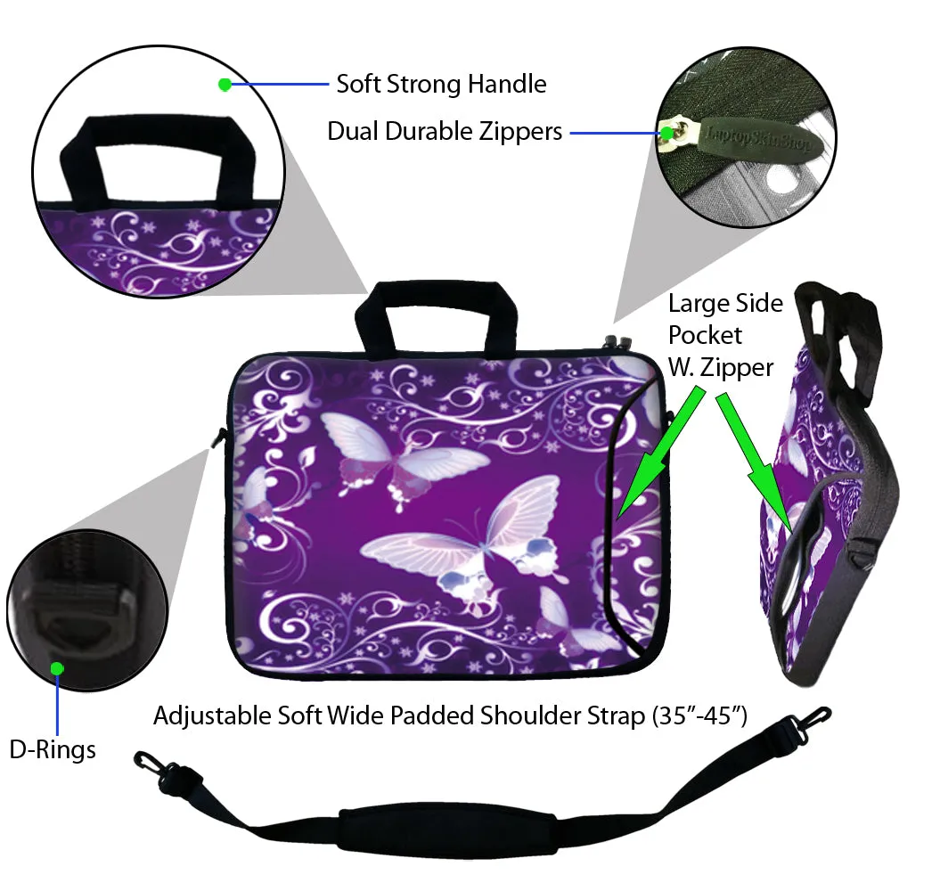 Laptop Sleeve Carrying Case w/ Removable Shoulder Strap & Skin & Mouse Pad – Purple Butterfly