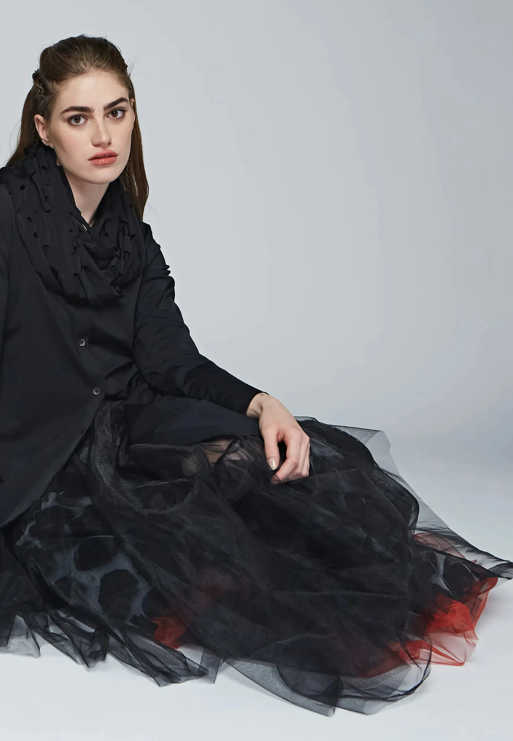 LUMEN Long, printed mesh tulle skirt