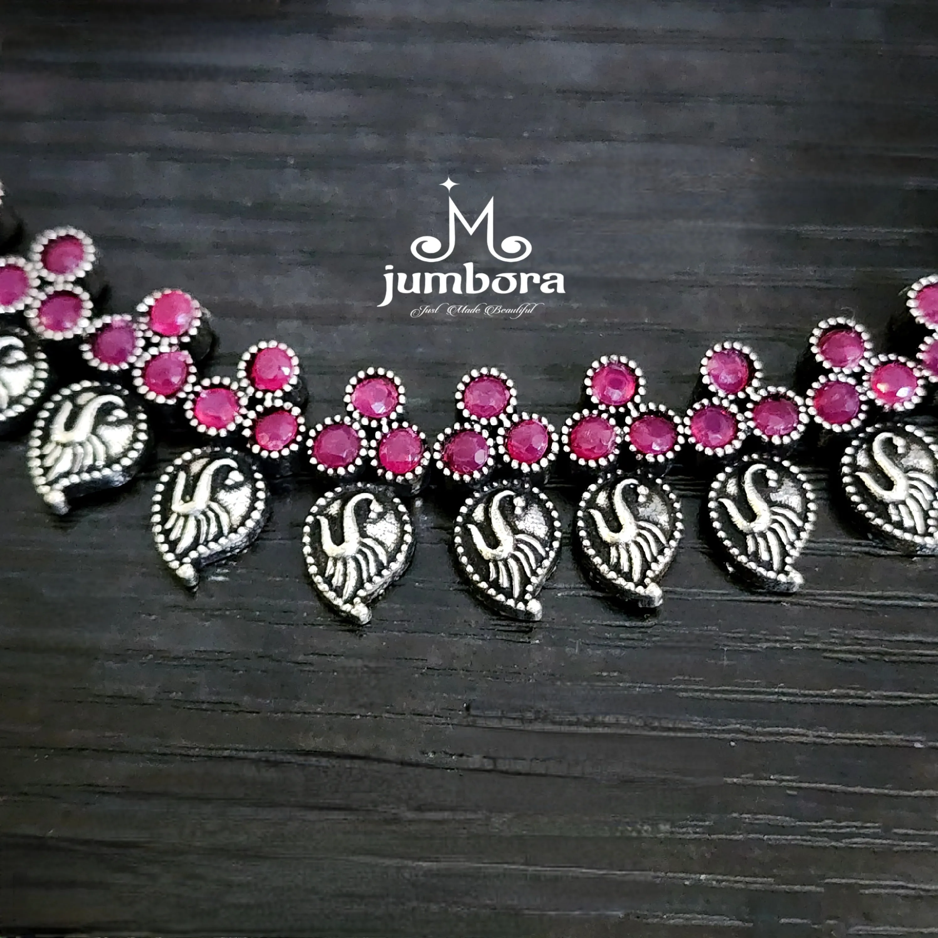 Mango Oxidized German Silver Ruby Red Stone Necklace set