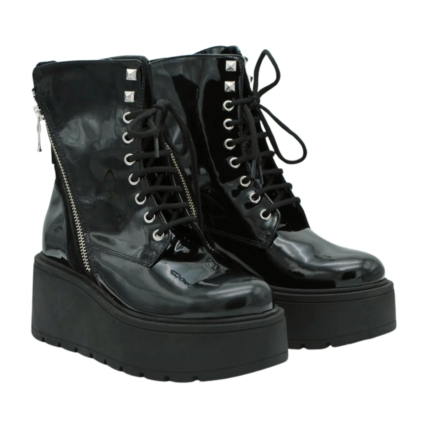MARCO MOREO Black Patent Lace Up Wedge Ankle Boot G1013