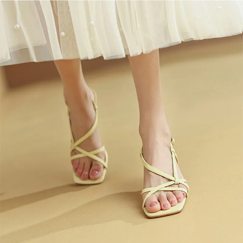 Open Toe Muti Strap Sheepskin Slingback Sandals 55mm Kitty Heel in Yellow/Beige/Pink