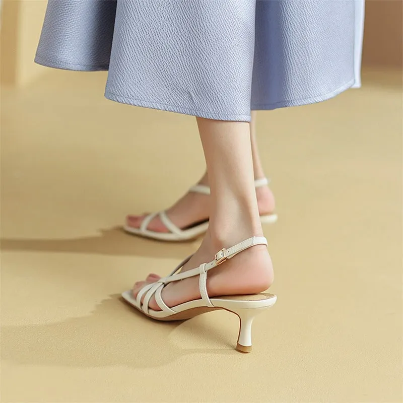 Open Toe Muti Strap Sheepskin Slingback Sandals 55mm Kitty Heel in Yellow/Beige/Pink