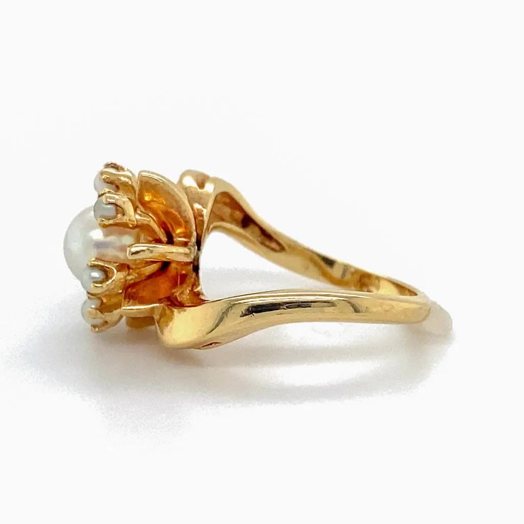 Retro Pearl Sputnik Ring, 14K Yellow Gold, Vintage 1950s Space Theme Statement