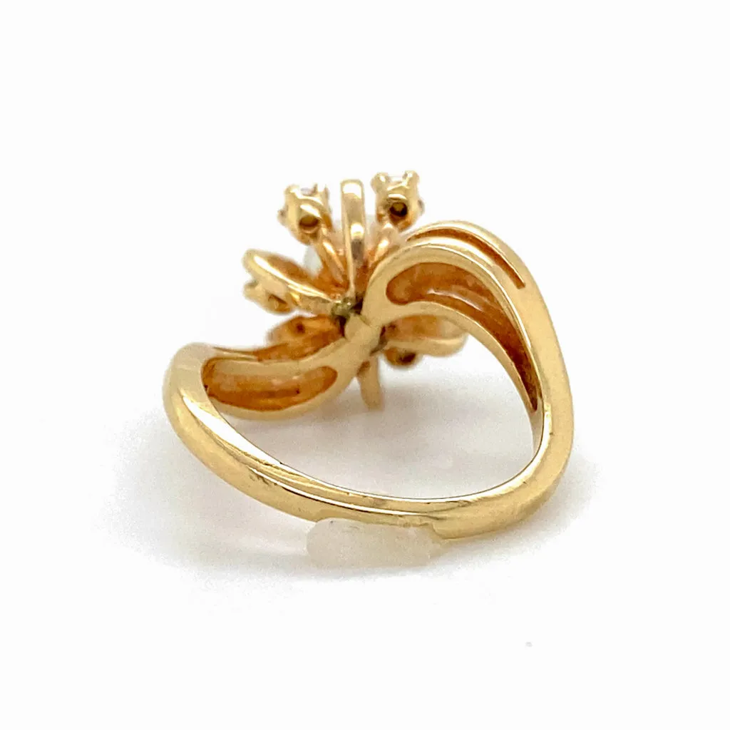 Retro Pearl Sputnik Ring, 14K Yellow Gold, Vintage 1950s Space Theme Statement