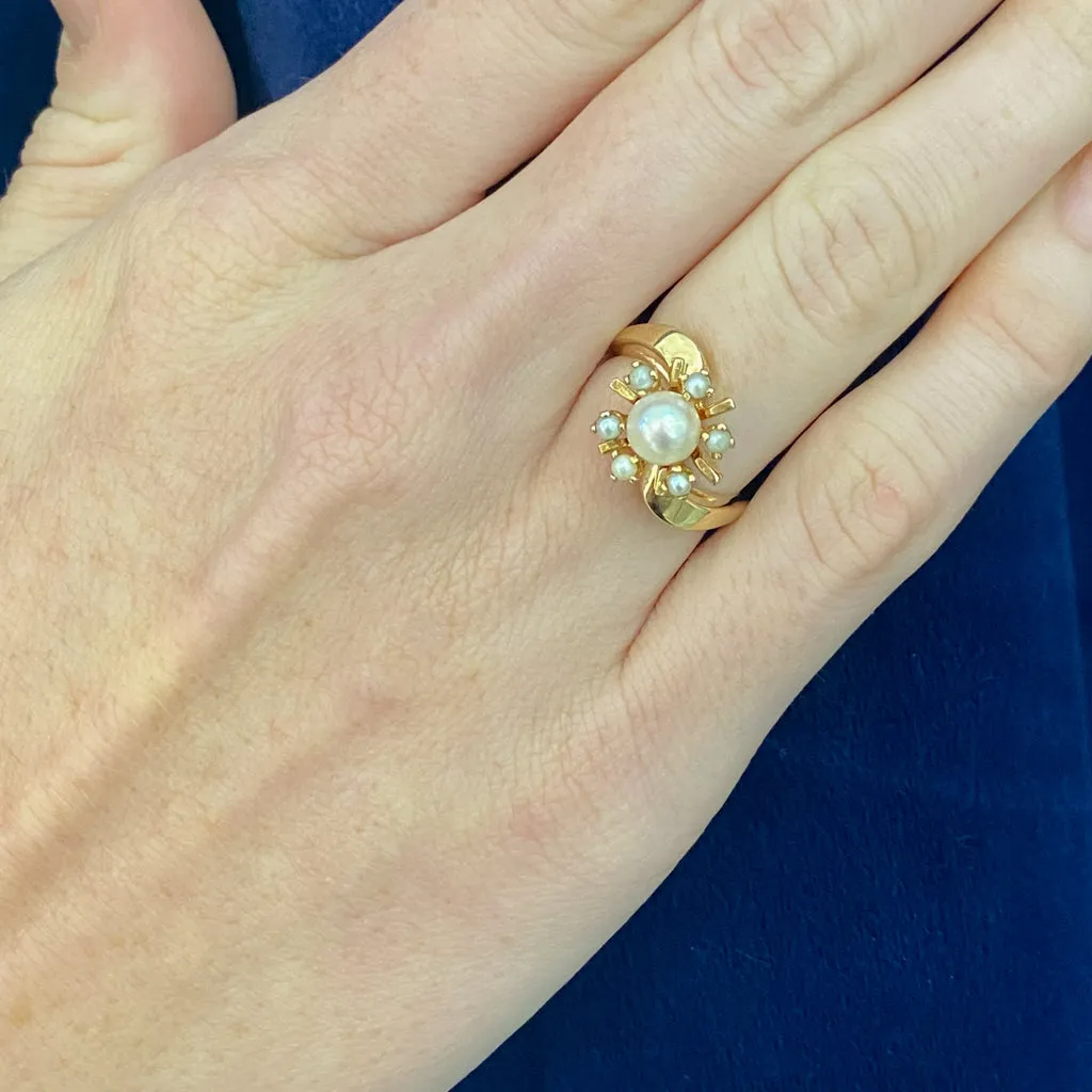 Retro Pearl Sputnik Ring, 14K Yellow Gold, Vintage 1950s Space Theme Statement
