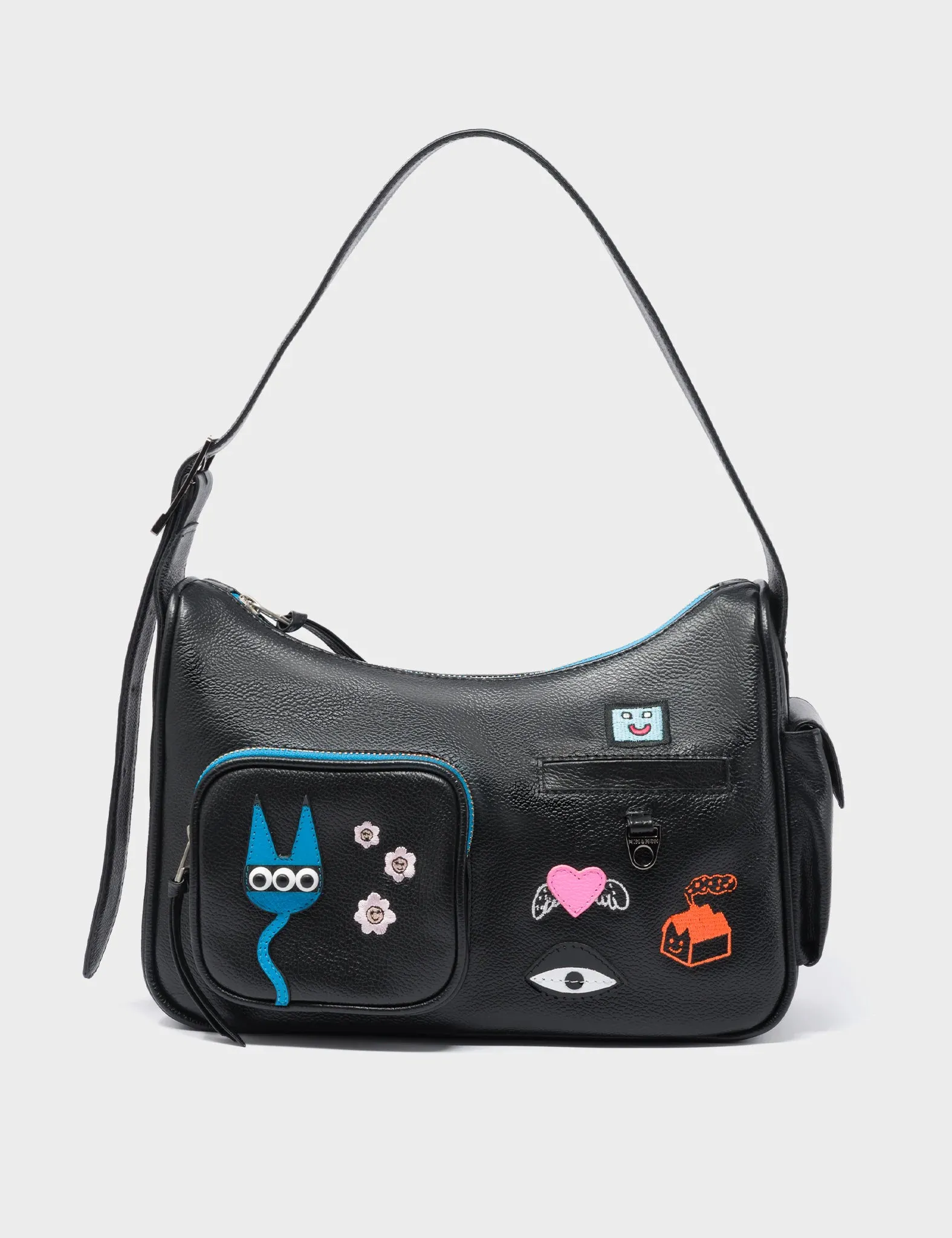 Vinyl Black Leather Hobo With Pocket - Urban Doodles Applique