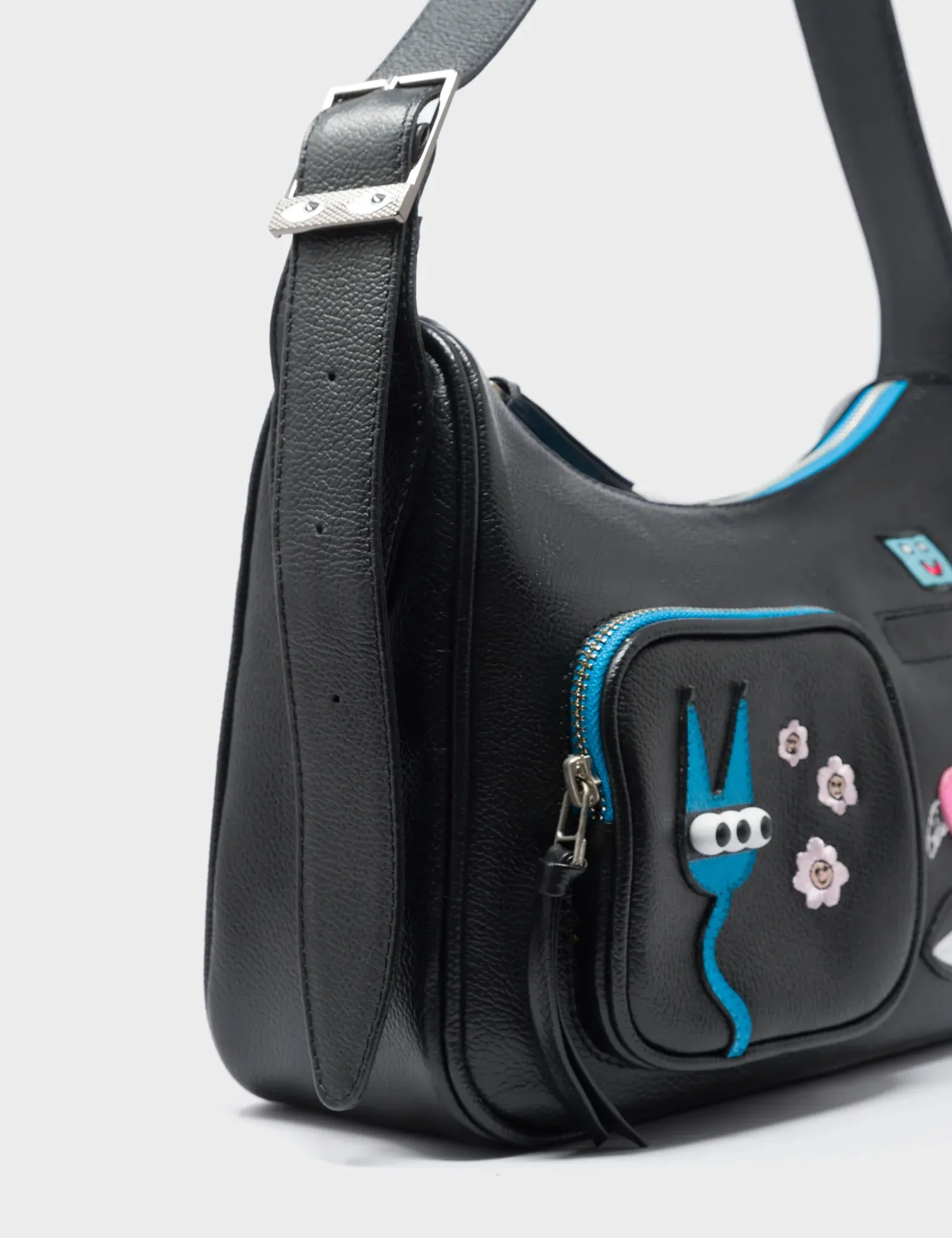 Vinyl Black Leather Hobo With Pocket - Urban Doodles Applique
