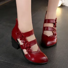 Women Retro Hollow Flower Leather Wedge Sandals