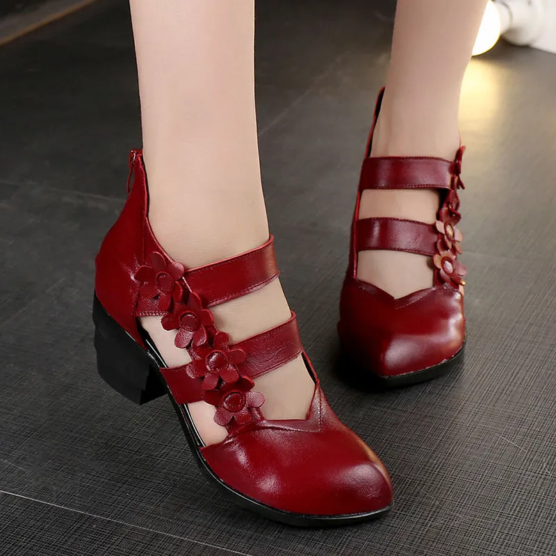 Women Retro Hollow Flower Leather Wedge Sandals